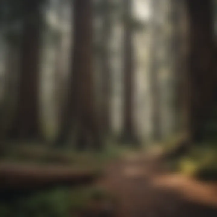 Redwood trees in serene forest camping area near San Francisco