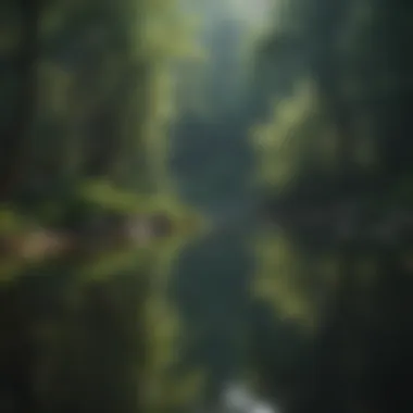 Reflection of lush greenery in crystal-clear lake