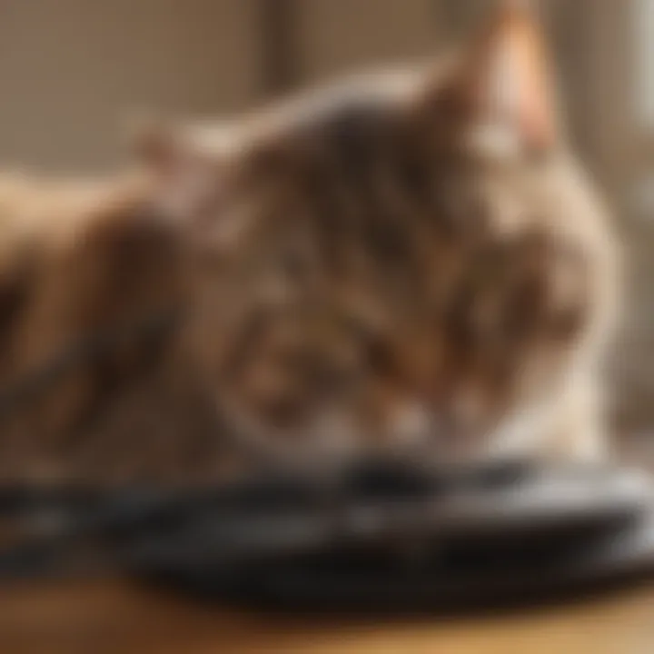 Satisfied cat lounging near untouched electrical cords