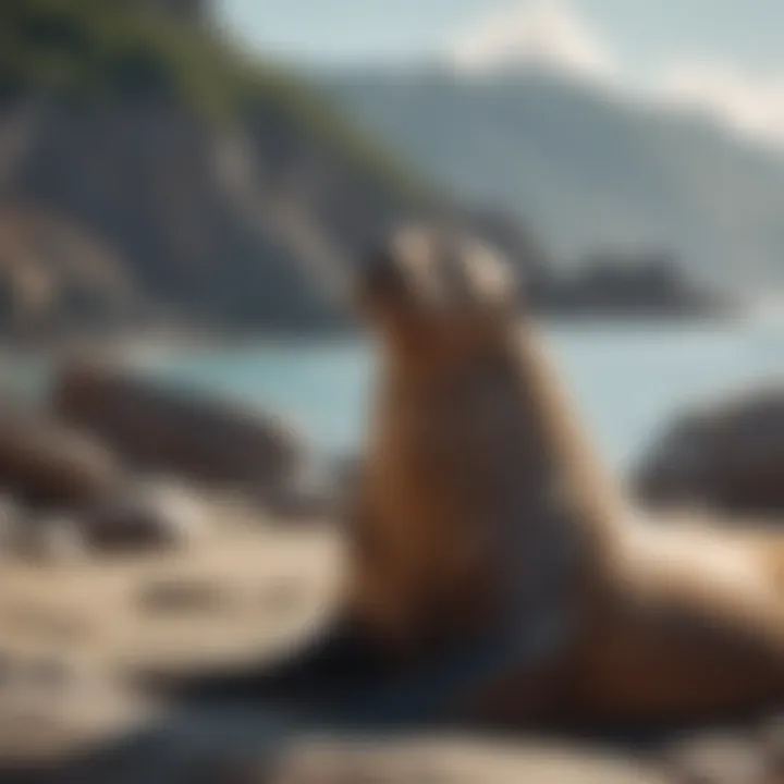 Sea lion basking under the sun on a rocky shore