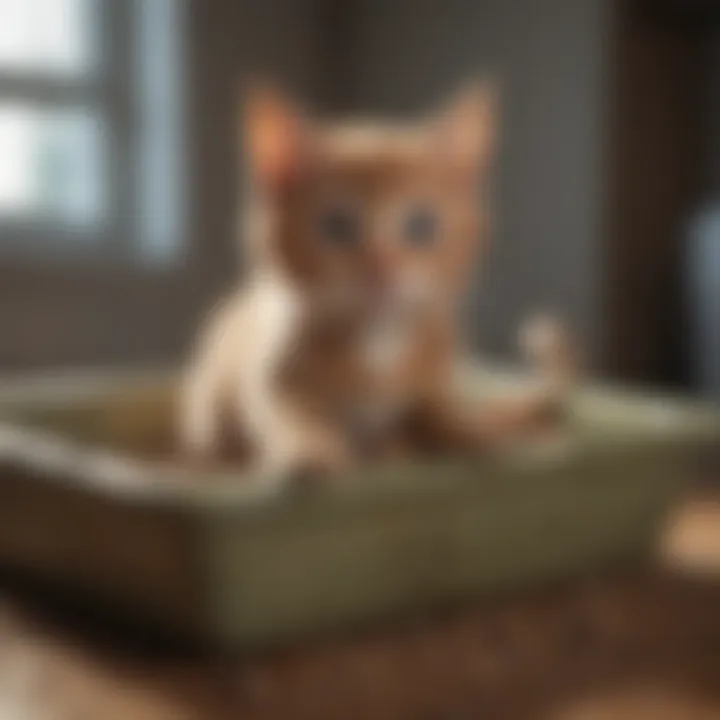 A kitten exploring its litter box with fresh litter
