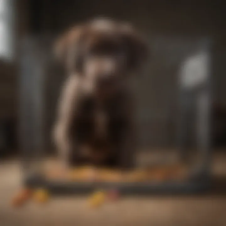 An owner gently introducing a puppy to a crate with treats