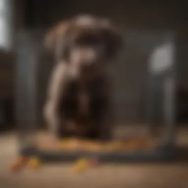 Introducing Puppy to Crate with Care An owner gently introducing a puppy to a crate with treats