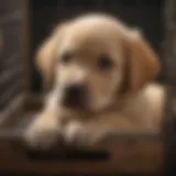 A Labrador puppy comfortably resting in a spacious crate