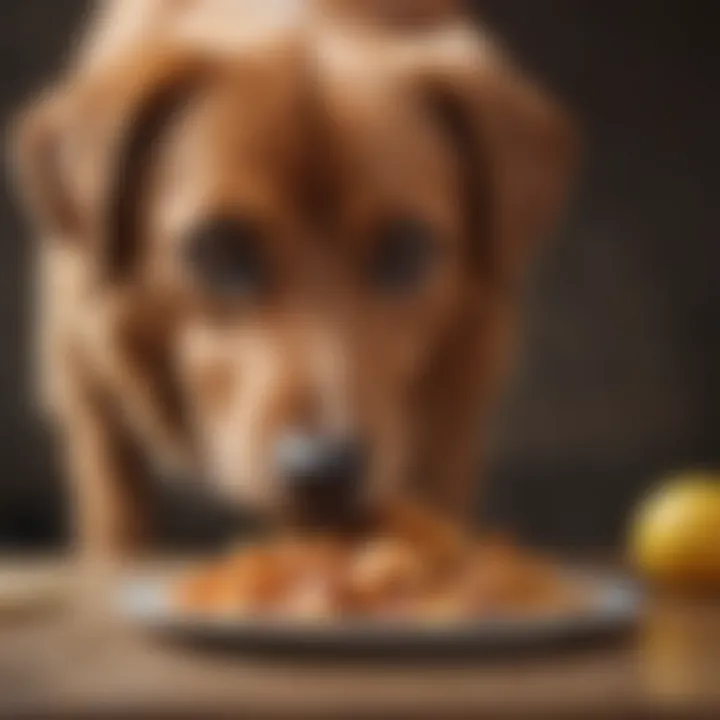 Senior dog sniffing food
