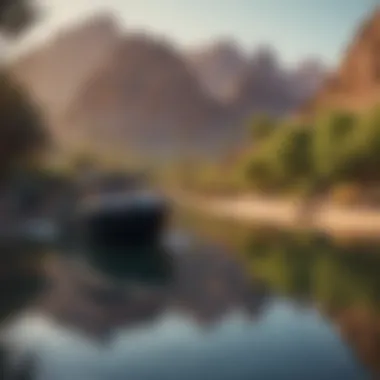 Panoramic view of serene lake with boats in Phoenix desert