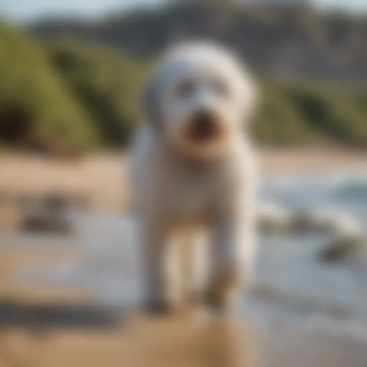 Sheepadoodle enjoying a leisurely walk by the beach