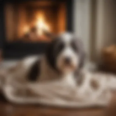 Sheepadoodle cuddled up with a cozy blanket by the fireplace