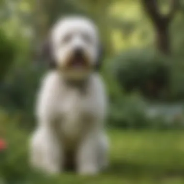 Elegant Sheepadoodle in a lush garden setting