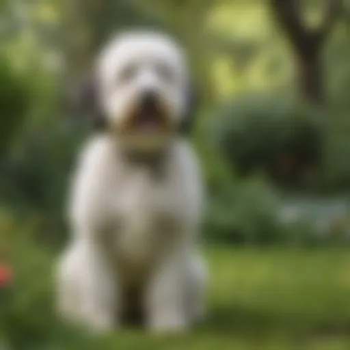 Elegant Sheepadoodle in a lush garden setting