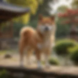 Majestic Shiba Inu standing in traditional Japanese garden