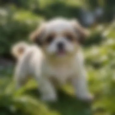 Shih Tzu puppies playing in a lush green garden