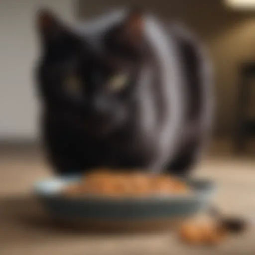 A sleek black cat enjoying a bowl of fat-free cat food