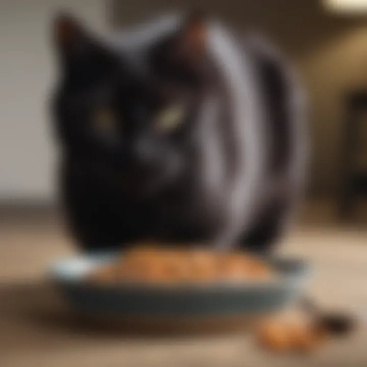 A sleek black cat enjoying a bowl of fat-free cat food