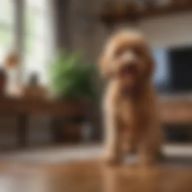 Small standard Goldendoodle in its cozy living environment