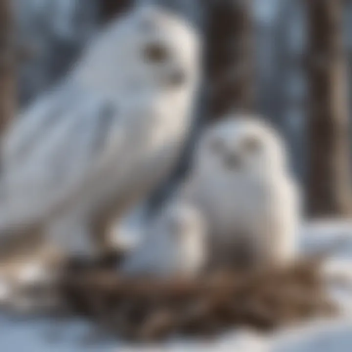 Snowy owl feeding its chick in a camouflaged nest amidst the snowy terrain