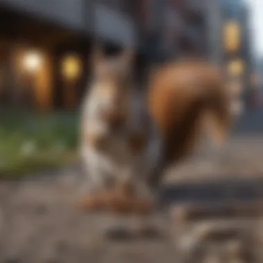 Squirrel foraging for food among urban debris.