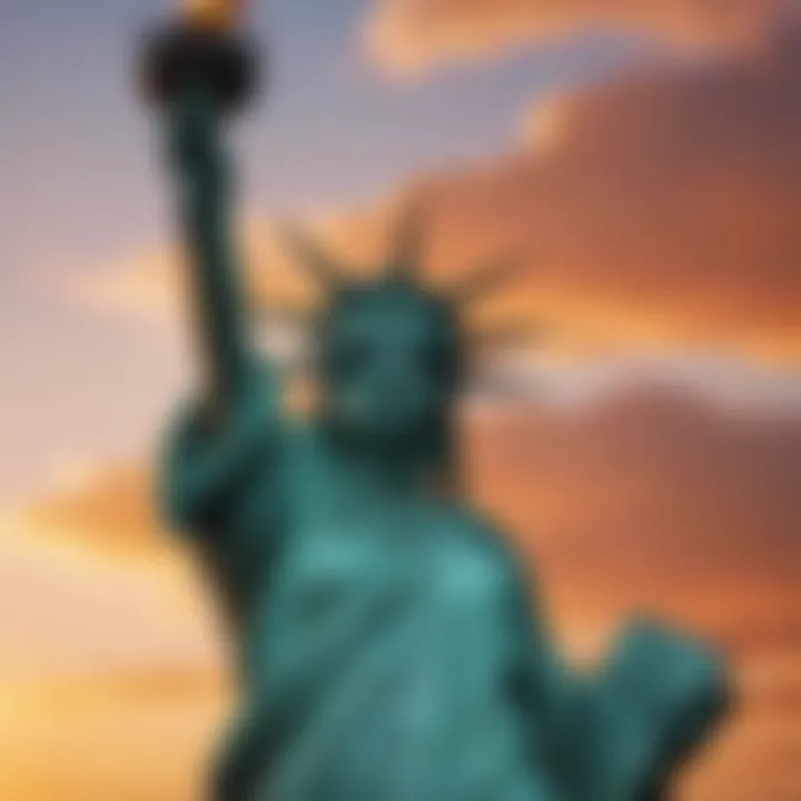 Statue of Liberty standing tall against a vibrant sunset