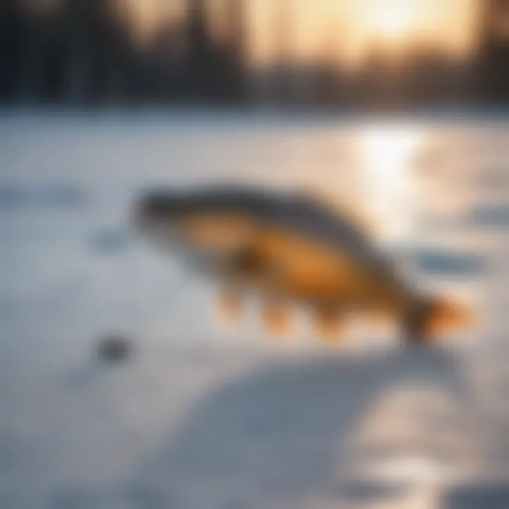 Successful catch of a fish during ice fishing