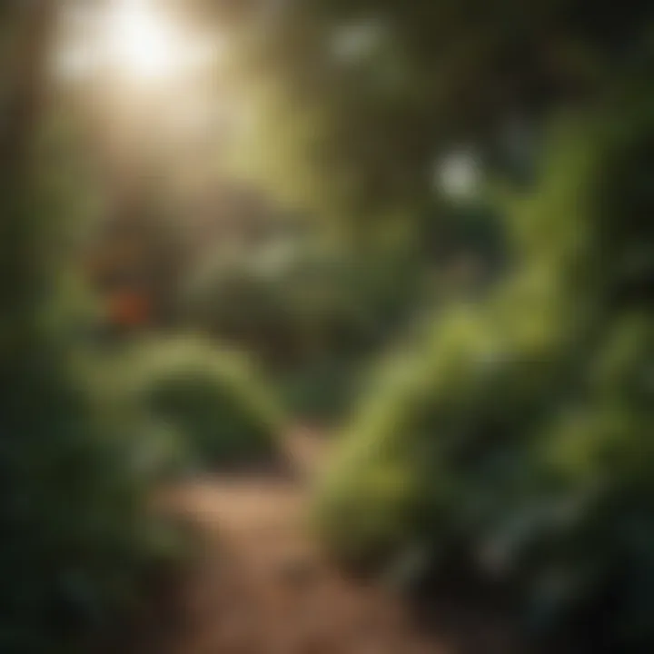 Sunlit garden with evergreen shrubs and butterflies
