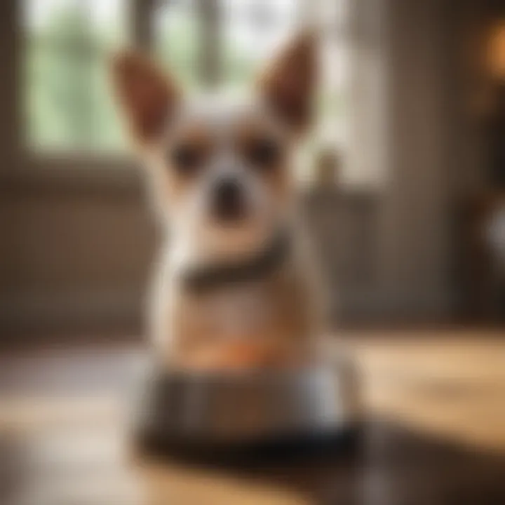 Small dog with tailored diet food bowl