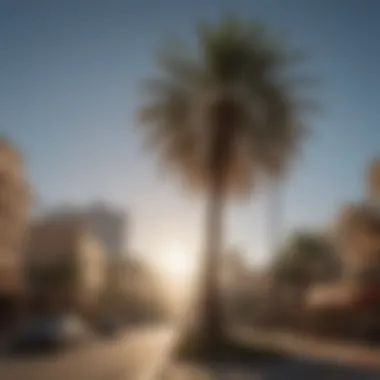 A vibrant landscape featuring the palm tree amidst urban development.