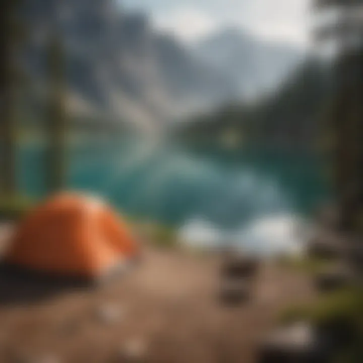 Tent overlooking a pristine mountain lake