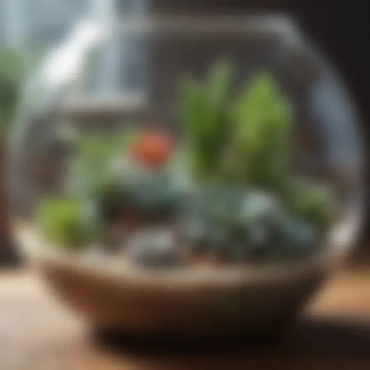 A creatively designed terrarium featuring succulents and decorative elements.