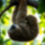 A sloth hanging upside down from a tree branch, showcasing its unique anatomy and relaxed posture.