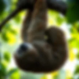 A sloth hanging upside down from a tree branch, showcasing its unique anatomy and relaxed posture.