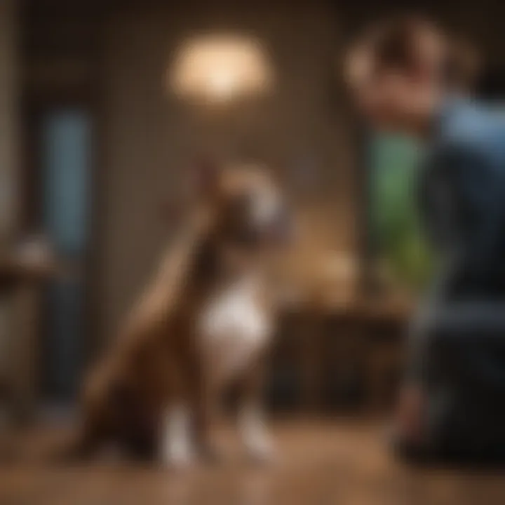 An American Staffordshire Terrier sitting beside its owner indoors