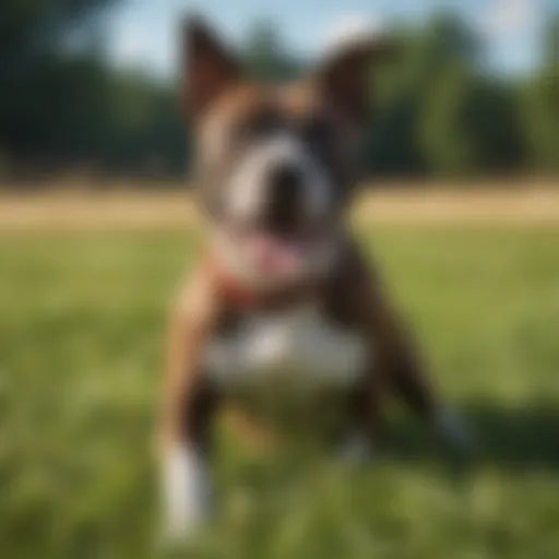 An American Staffordshire Terrier playing in a grassy field