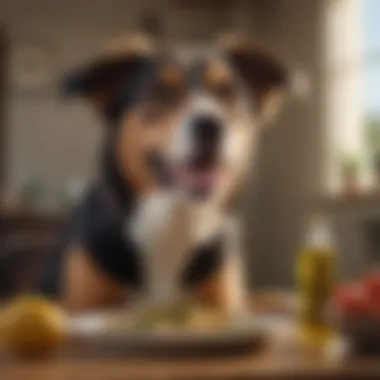 A healthy dog enjoying a meal that includes olive oil, showcasing the positive impact on pet health.