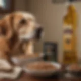 A bottle of premium olive oil next to a bowl filled with dog food, highlighting the addition of olive oil to canine diets.