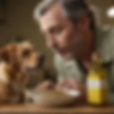 A veterinarian advising a pet owner about adding olive oil to dog food, representing expert insights.