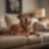 A serene living room with a non-shedding dog lounging comfortably on a stylish sofa.