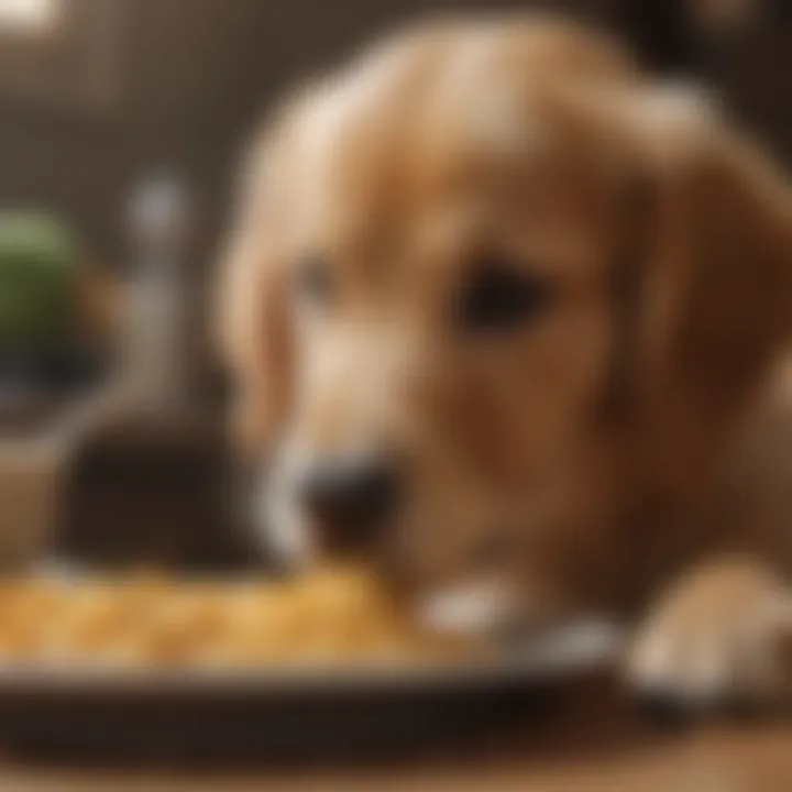 Golden retriever puppy enjoying a meal