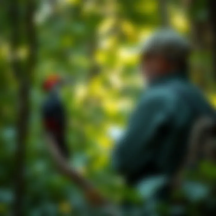 Conservationist Observing the Ivory-Billed Woodpecker A conservationist studying the ivory-billed woodpecker in a lush forest setting