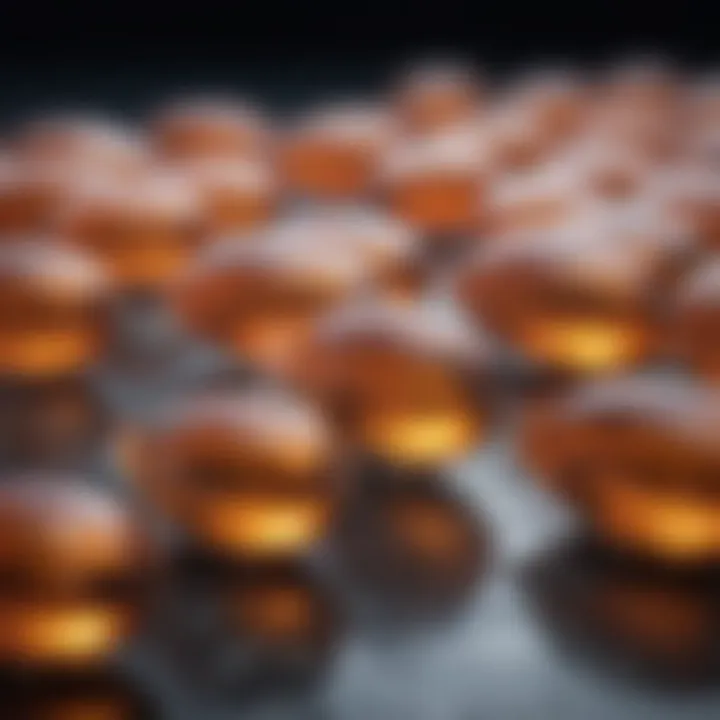 Close-up of fish oil capsules surrounded by fresh fish