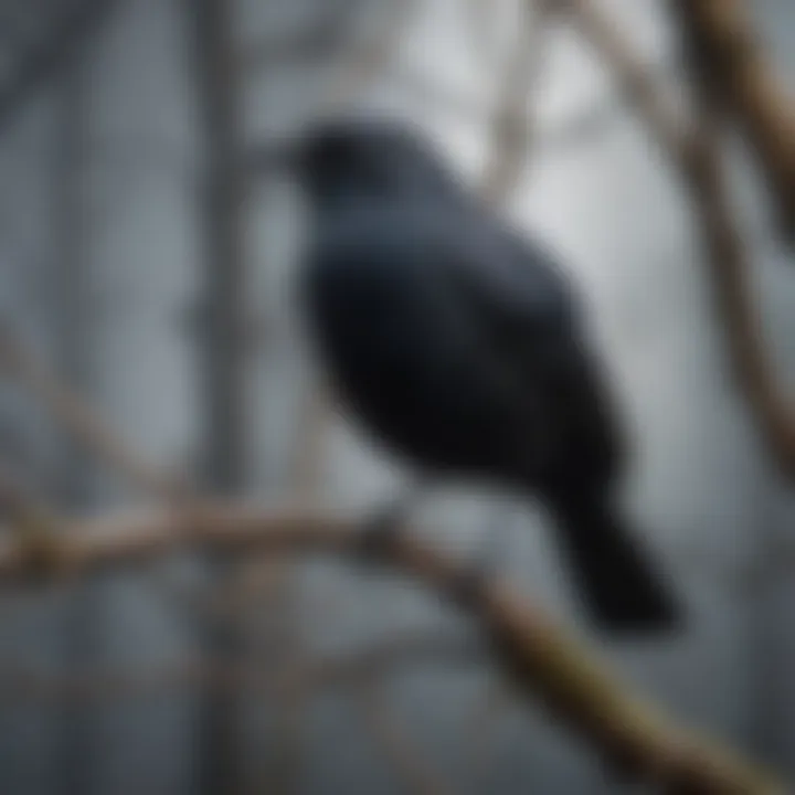 A striking black bird perched on a branch, exuding mystery and intelligence.