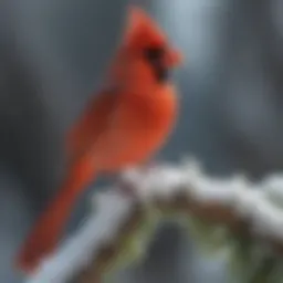 A vibrant cardinal perched on a snow-covered branch, showcasing its striking red plumage against the winter landscape.