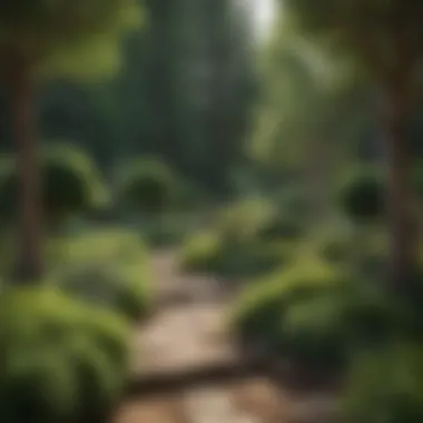 Landscaped Garden with Evergreen Trees A beautifully landscaped garden featuring a variety of evergreen trees