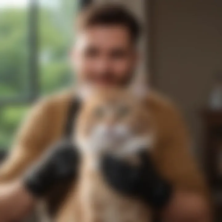 Owner using cat grooming gloves for a safe grooming experience