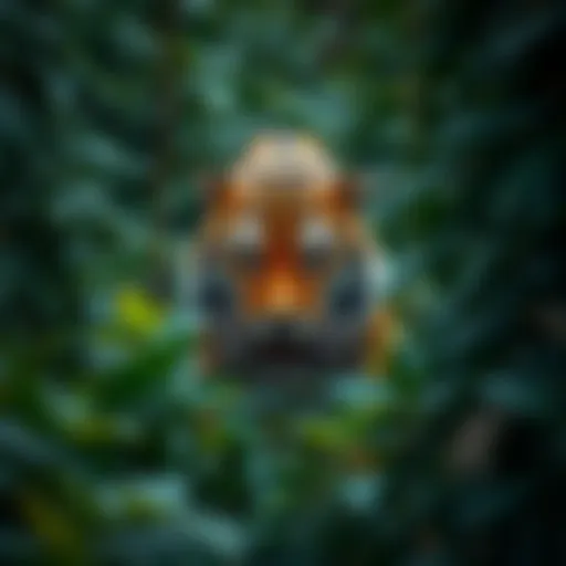 Majestic tiger prowling through dense jungle foliage
