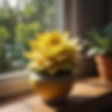 Yellow succulent thriving in a decorative pot on a windowsill