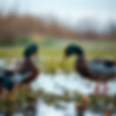 Group of mallard hens foraging in water