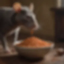 A close-up of a bowl filled with rat poison granules next to a curious dog.