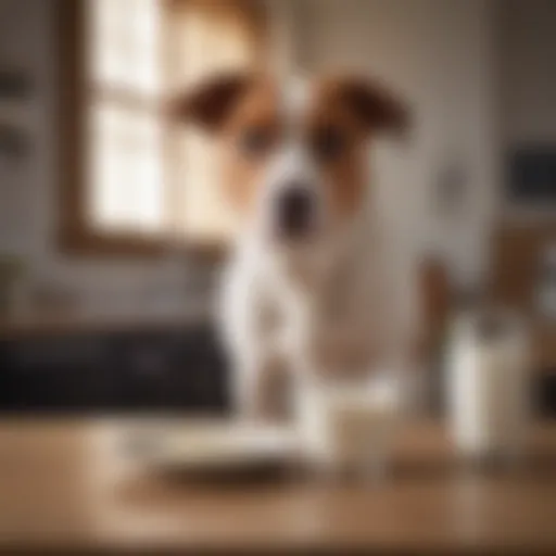 A dog curiously observes a bowl of milk, contemplating its nutritional value.