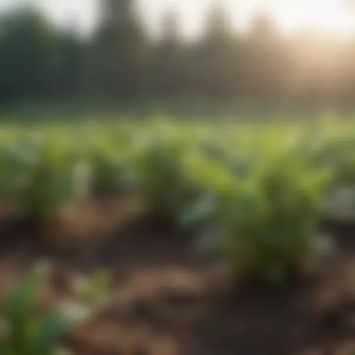 A field of peppermint plants in a rural setting