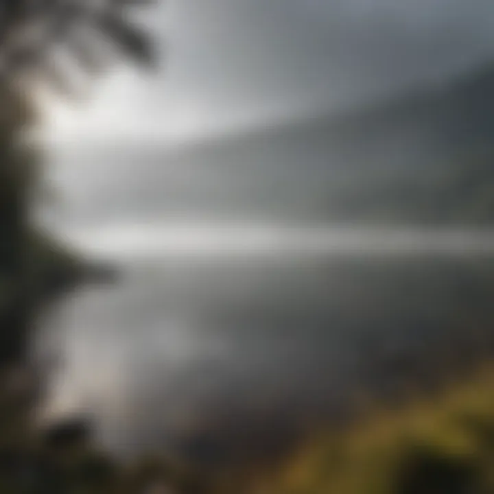 A serene view of Loch Ness with mist hovering over the water